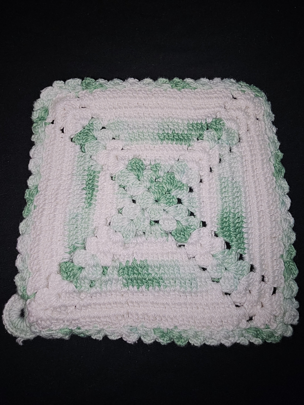 Handmade Crochet Square Dishcloth Or Hot Pad  in White and Mint Green - Picture 2 of 4